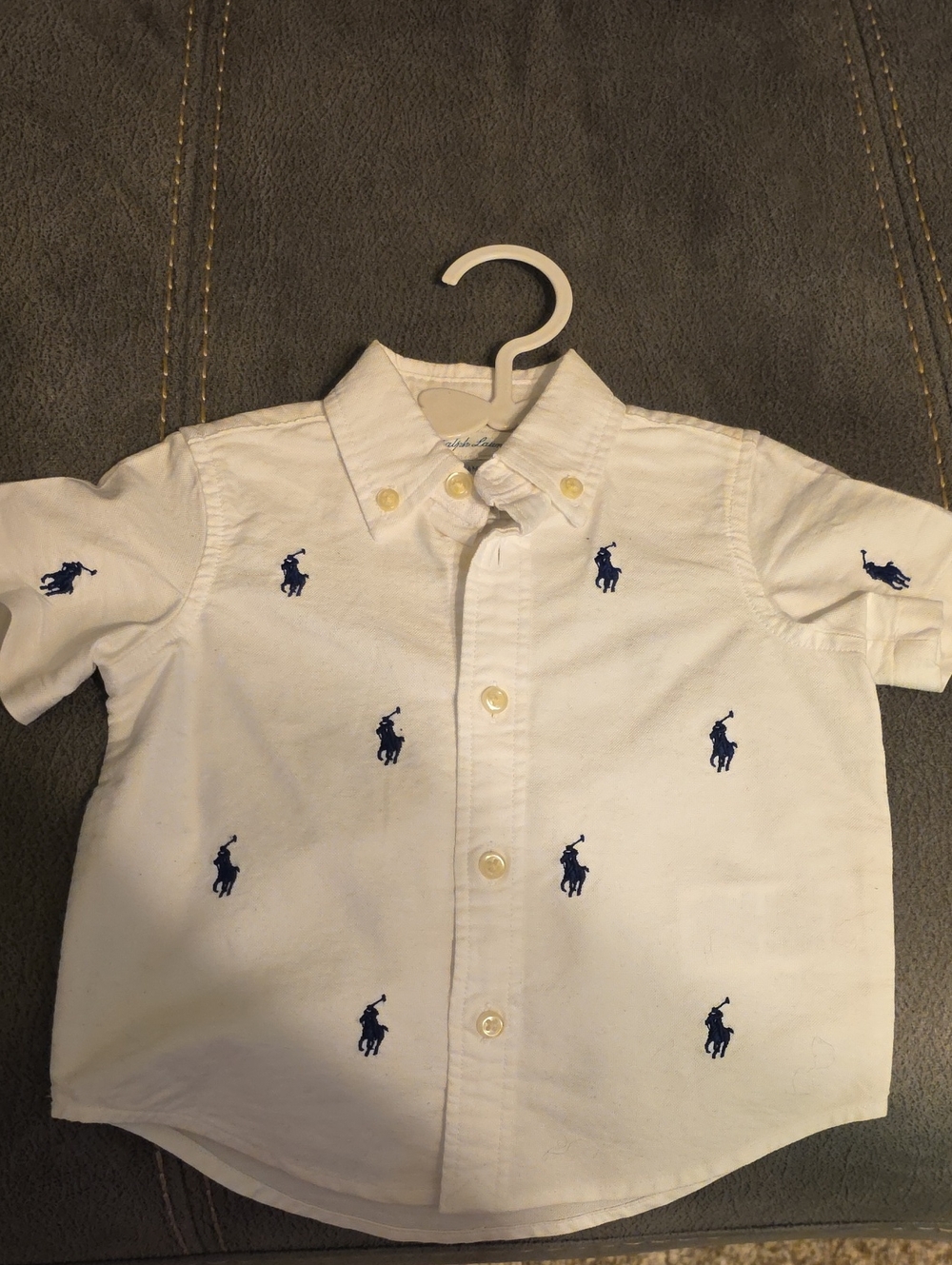Ralph Lauren White Short-Sleeve Button-Down Shirt with Navy Polo Embroidery